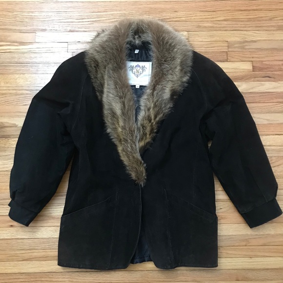 Vintage Jackets & Blazers - Vintage Black Suede Coat with Raccoon Fur Trim